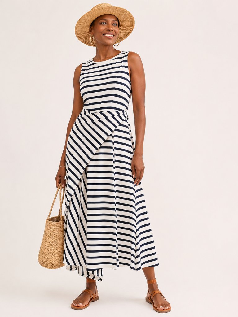 Fp Beach Navy White Striped Asymmetrical Cotton Capri Sleeveless Dress Size Sp